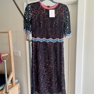 Peter Pilotto lace midi dress -  navy with light blue and orange piping.